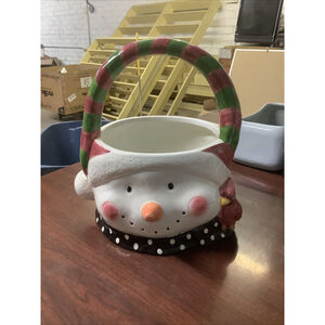 Vintage 1998 Jay Ceramic Snowman Basket Red Green Stripes Handle Cardinal Bird